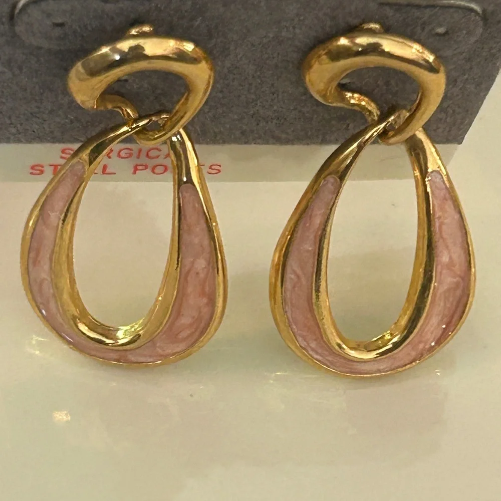 Gold Clay Pink Loop Dangle Earrings Pierced NEW Vintage Surgical Steel Post - Picture 10 of 10